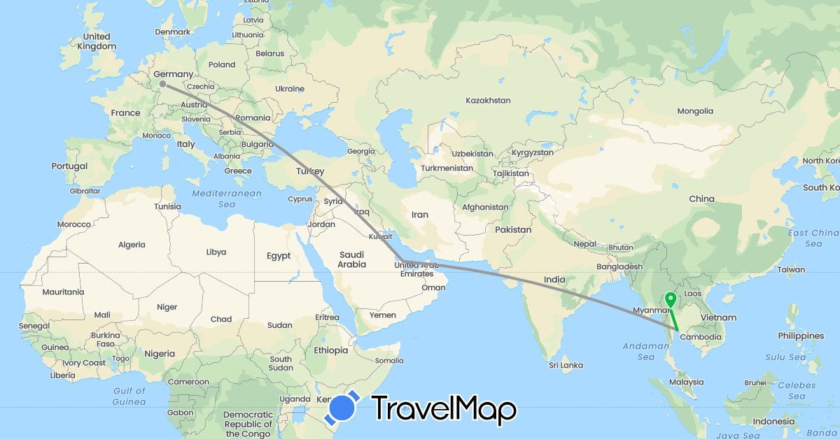 TravelMap itinerary: driving, bus, plane in Germany, Qatar, Thailand (Asia, Europe)